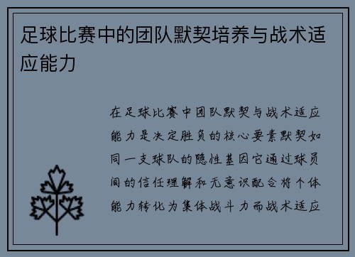 足球比赛中的团队默契培养与战术适应能力
